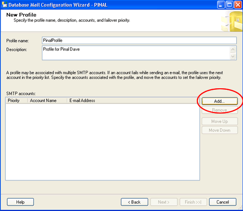 Database mail profile configuration window.